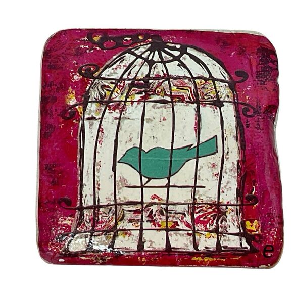 Handcrafted Coaster Set Whimsical 4"x4" Emily Little - Little e Studio W Holder - Picture 5 of 14